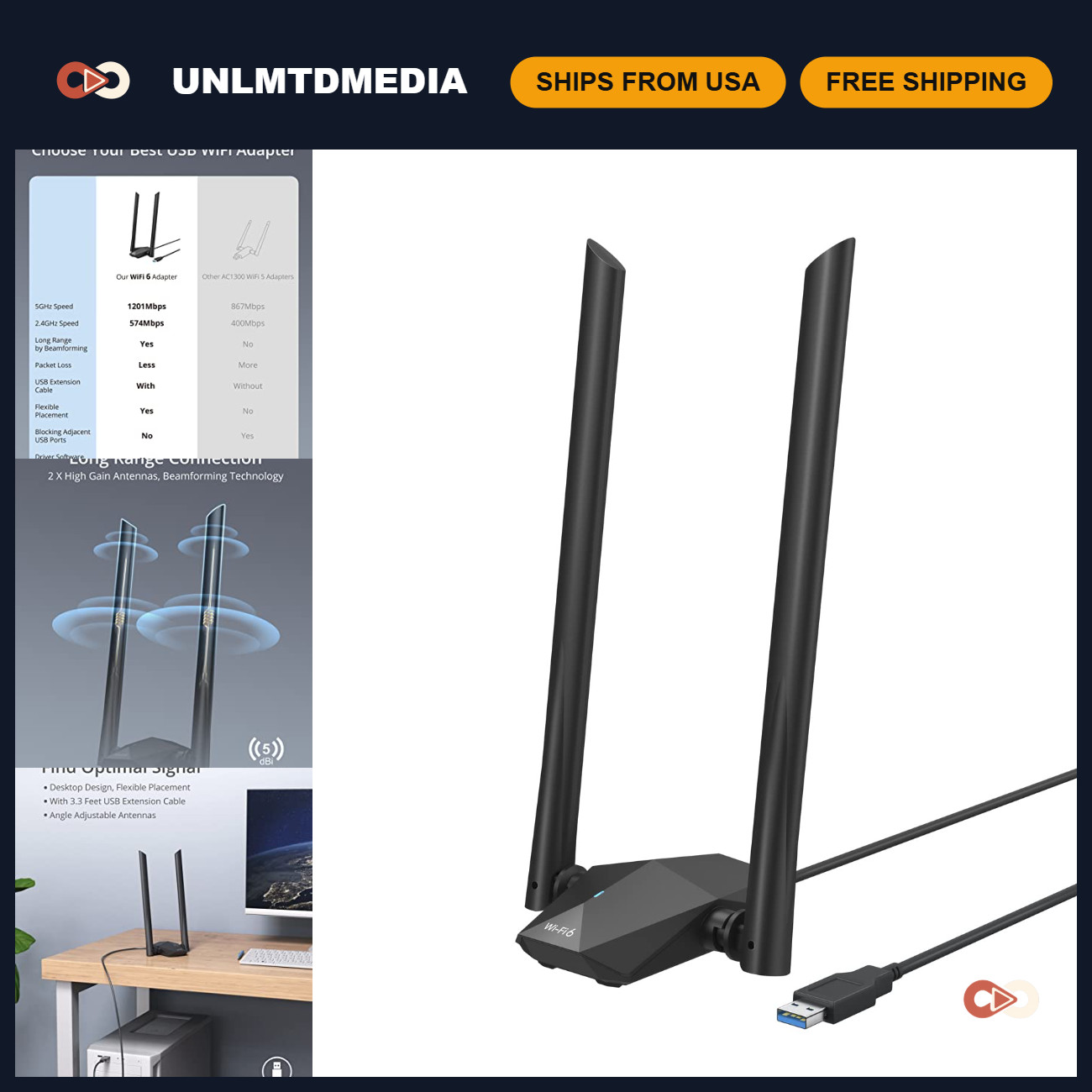 AX1800 USB WiFi 6 Adapter, Long Range High Gain Antennas, USB 3.0 Connectivity