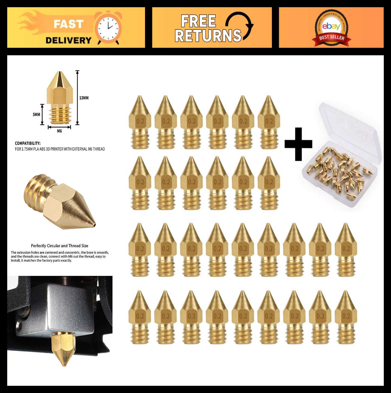 30PCS 0.2mm 3D Printer Nozzles for MK8 Ender 3 CR-10 Makerbot Extruder Upgrade