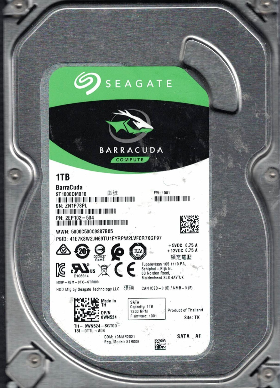 Seagate ST1000DM010 S/N: ZN1 P/N: 2EP102-504 FW: 1001  Date 19 Mar 2021