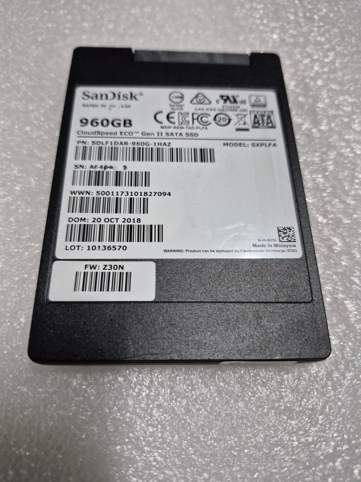 SXPLFA SanDisk 960GB CloudSpeed ECO GenII SATA SSD SDLF1DAR-960G-1HAZ 100%Health