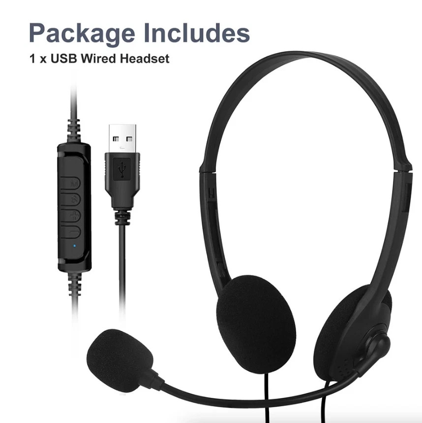 USB Headset with Microphone Noise Cancelling Headphones PC Computer Laptop Call 