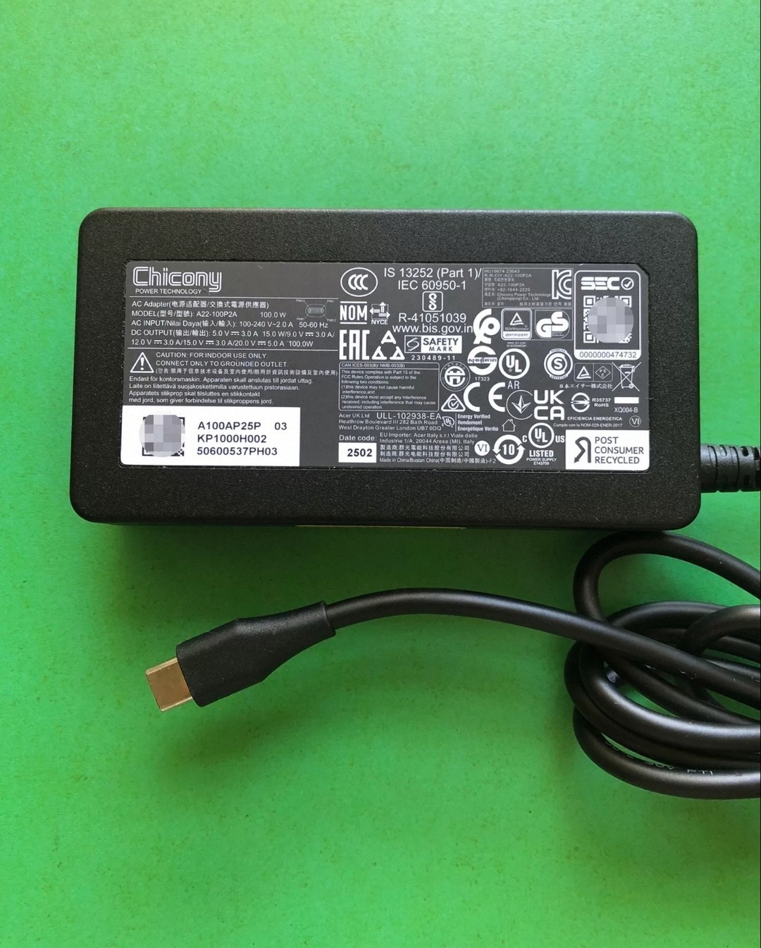 🔥🔥Genuine Chicony 20V 5A 100W AC Adapter A22-100P2A USB-C Charger