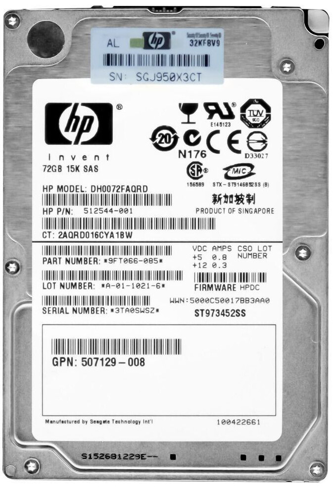 HARD DRIVE HP DH0072FAQRD 512544-001 72GB 15000RPM 16MB CACHE SAS-2 2.5" inch