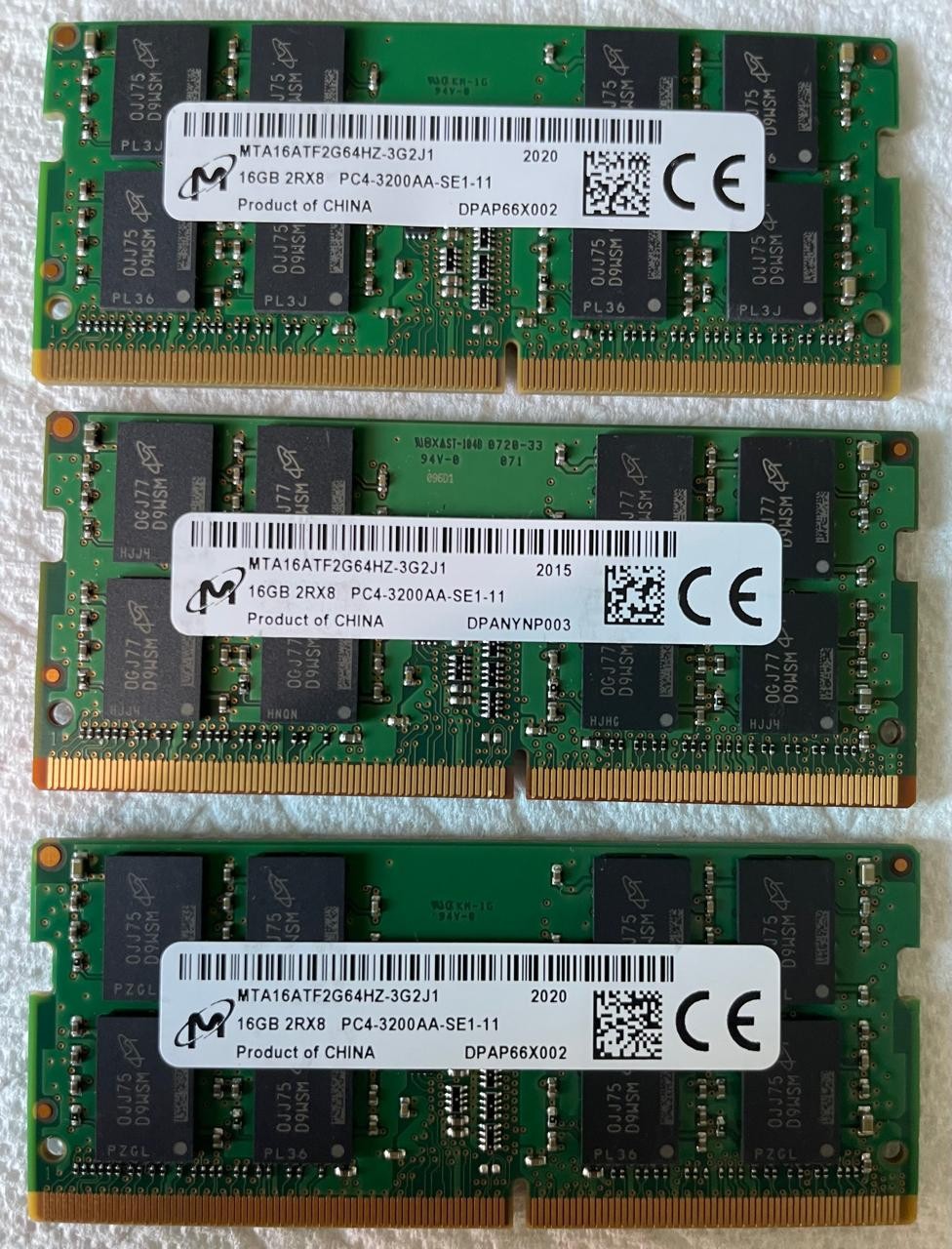 Lot of 3 Micron 16GB DDR4-3200 Laptop RAM SODIMM MTA16ATF2G64HZ-3G2J1