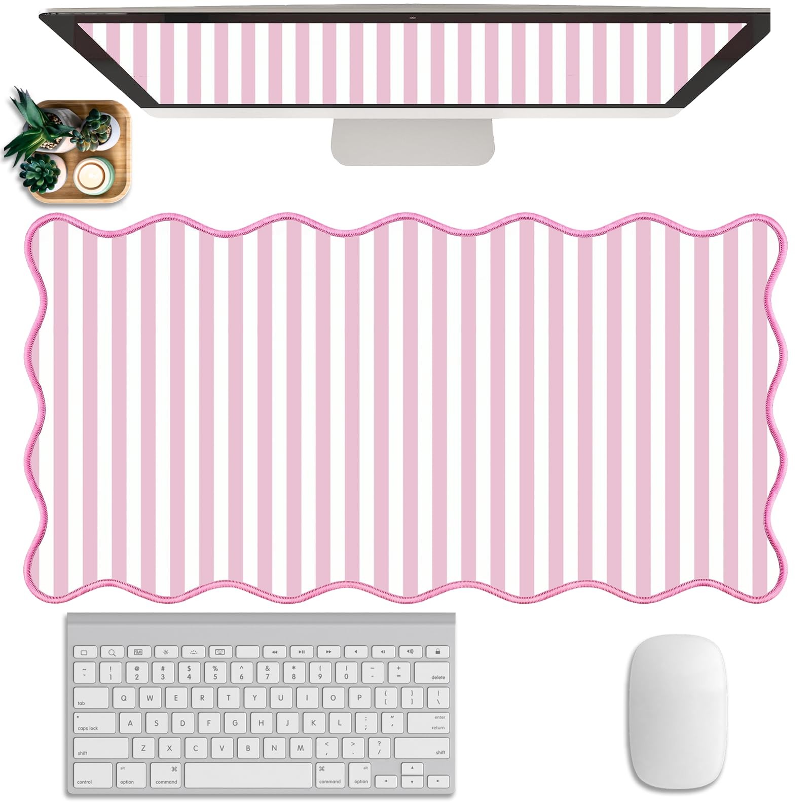 Scalloped Desk Mat Extended Large Cute Striped Pad Big Desk Pad XXL Aesthetic...