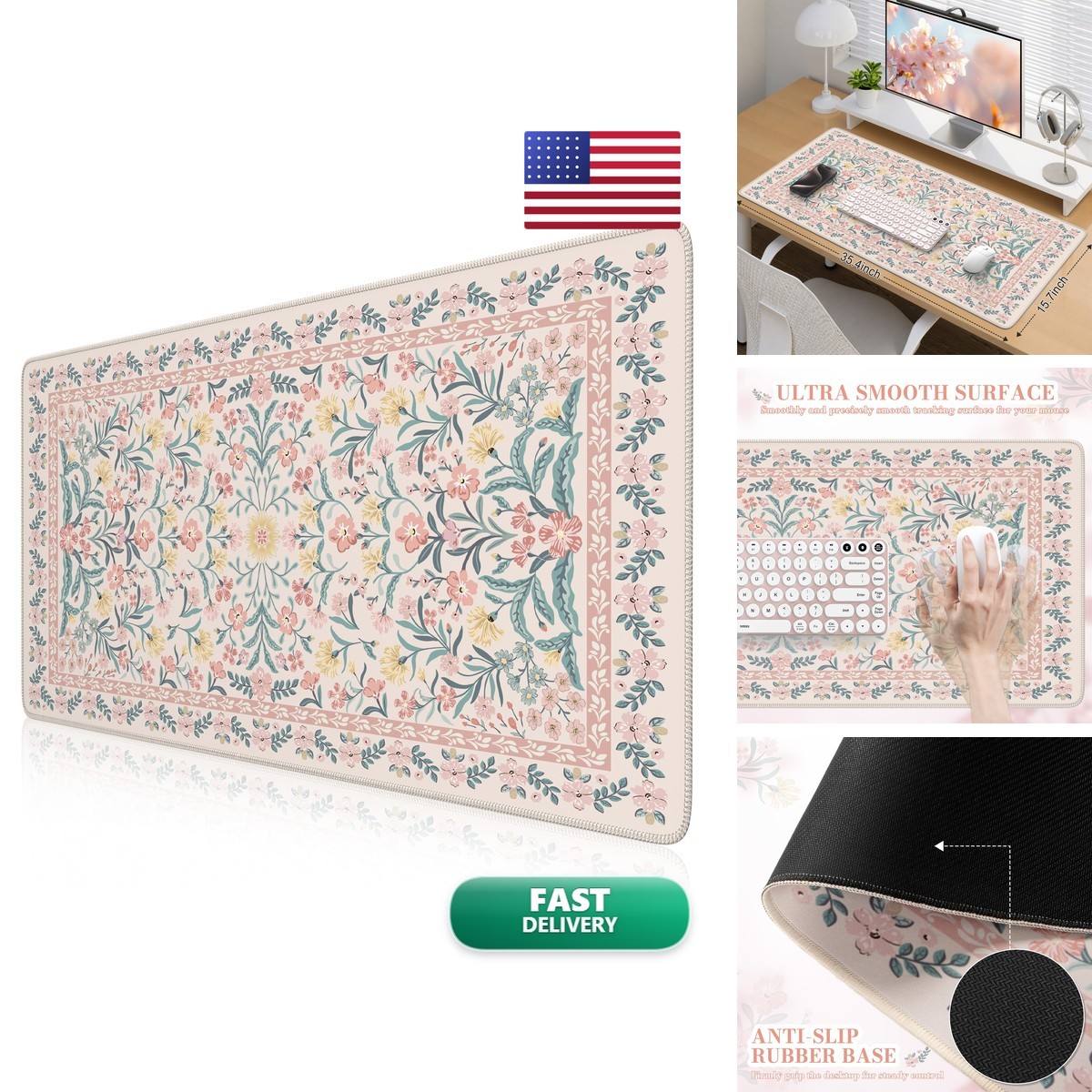 iCasso Desk Mat,Mouse Pad Office Desk,35.4x15.7in,Pink Floral Large Mouse Pad