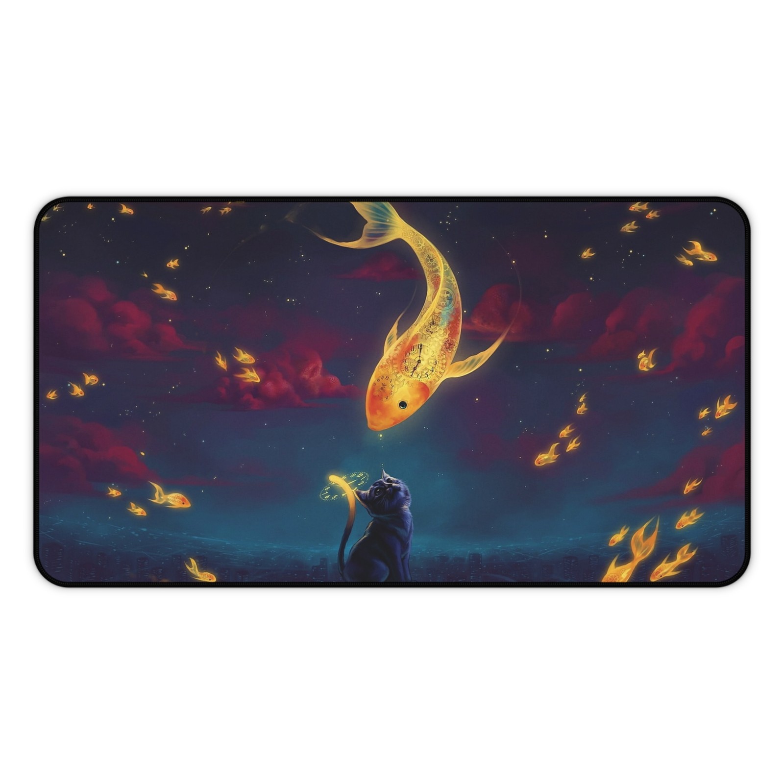Koi Moonlight Cat Desk Mat | Fish Night Sky Gaming Pad