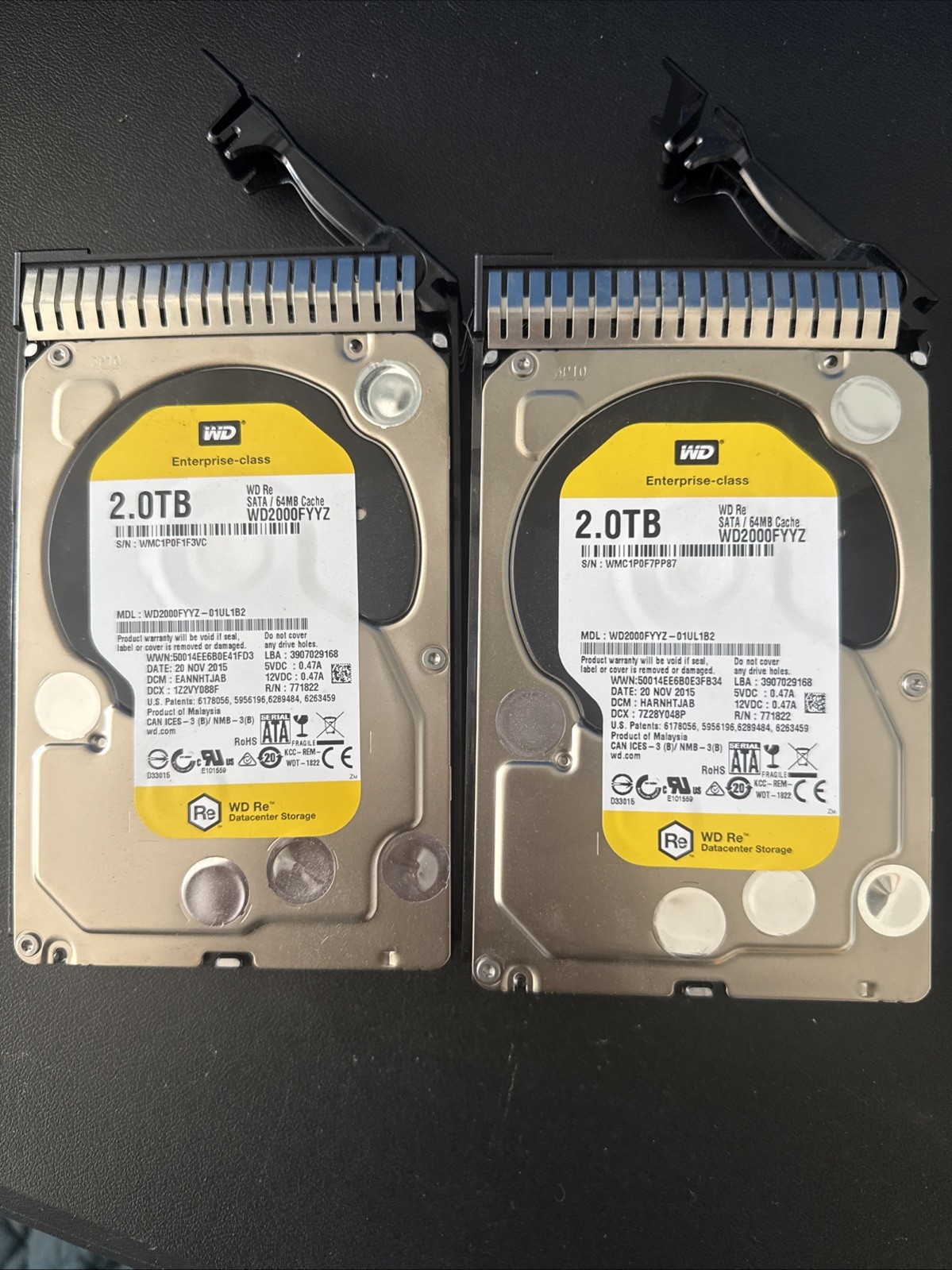 2 Western Digital WD Re 2TB WD2000FYYZ Enterprise 3.5” SATA HDD + HPE Caddies