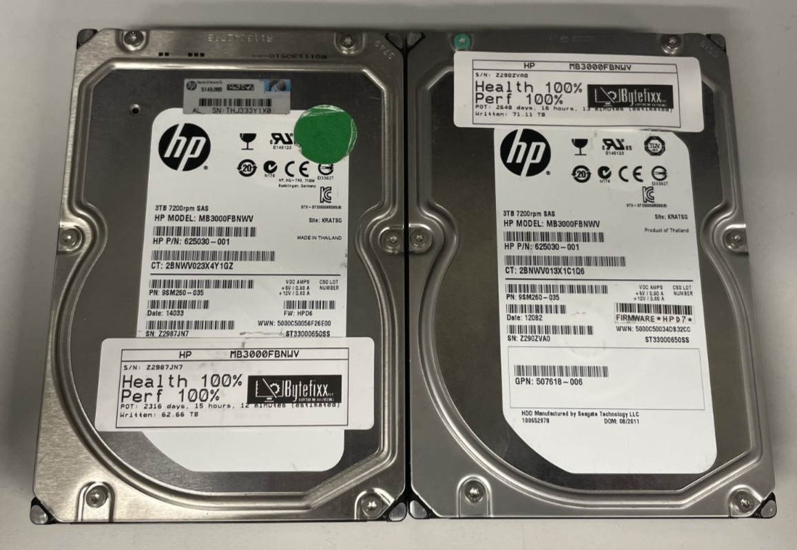 Lot of 2 HP Seagate MB3000FBNWV 3TB 3.5" 7.2K RPM SAS HDD Hard Drive 100% Health