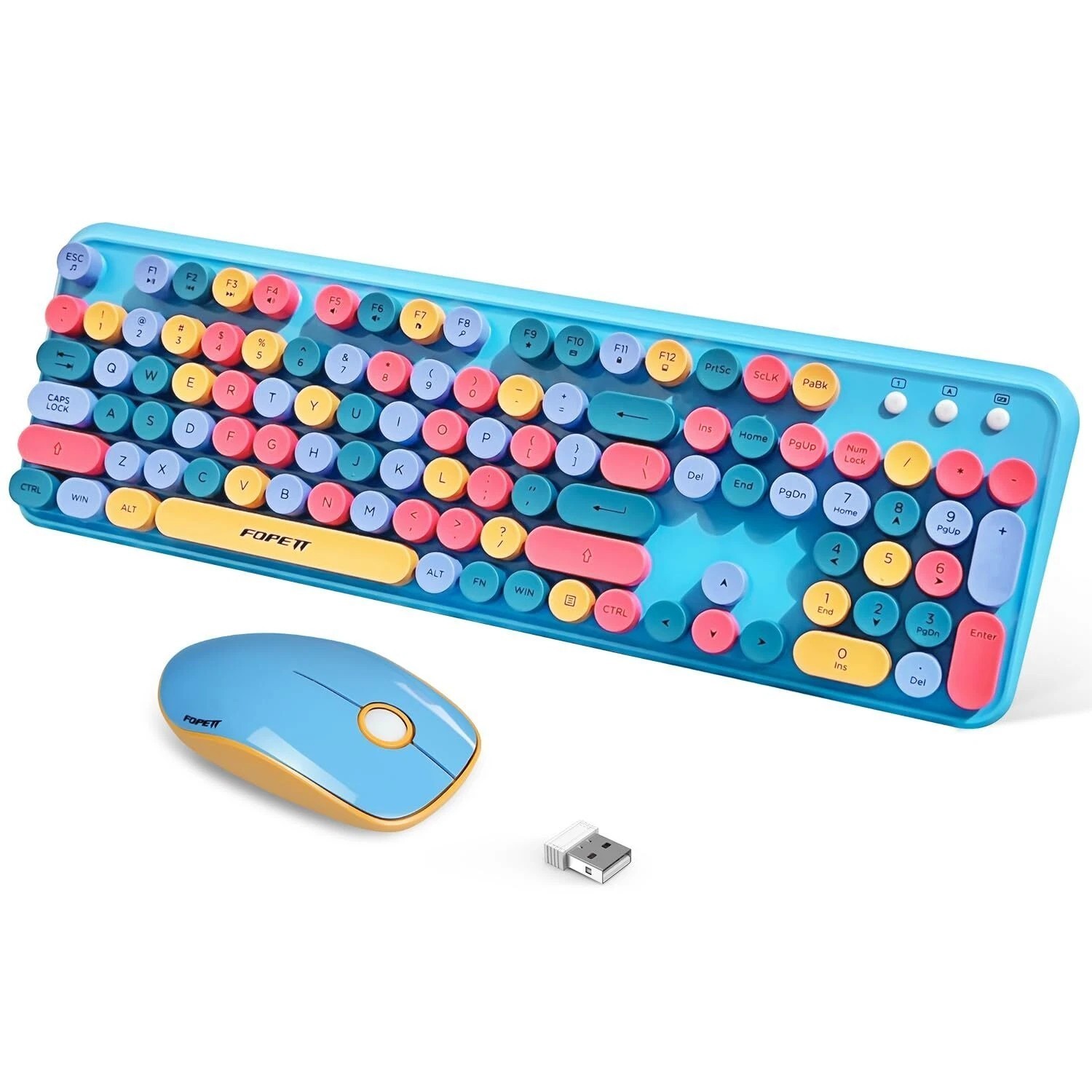 FOPETT 2.4GHz Blue Pink Wireless Keyboard and Mouse Set Retro
