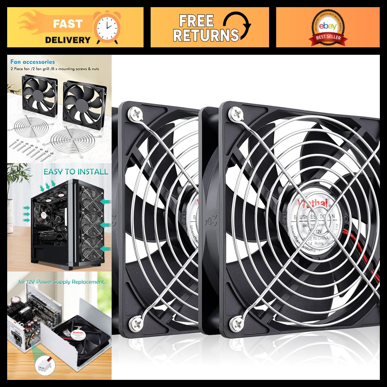 120mm 12V Computer Cooling Fan - 2 Pack, Quiet DC Case Fan, High Airflow, 2Pin