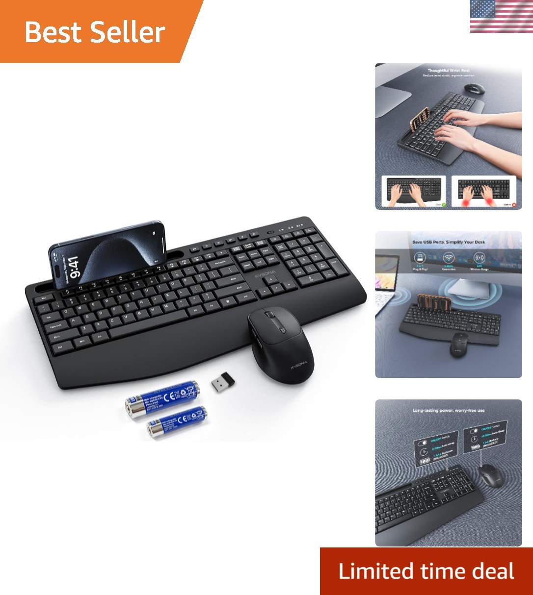Comfortable Wireless Keyboard-Mouse Combo with Adjustable DPI & Phone Stand