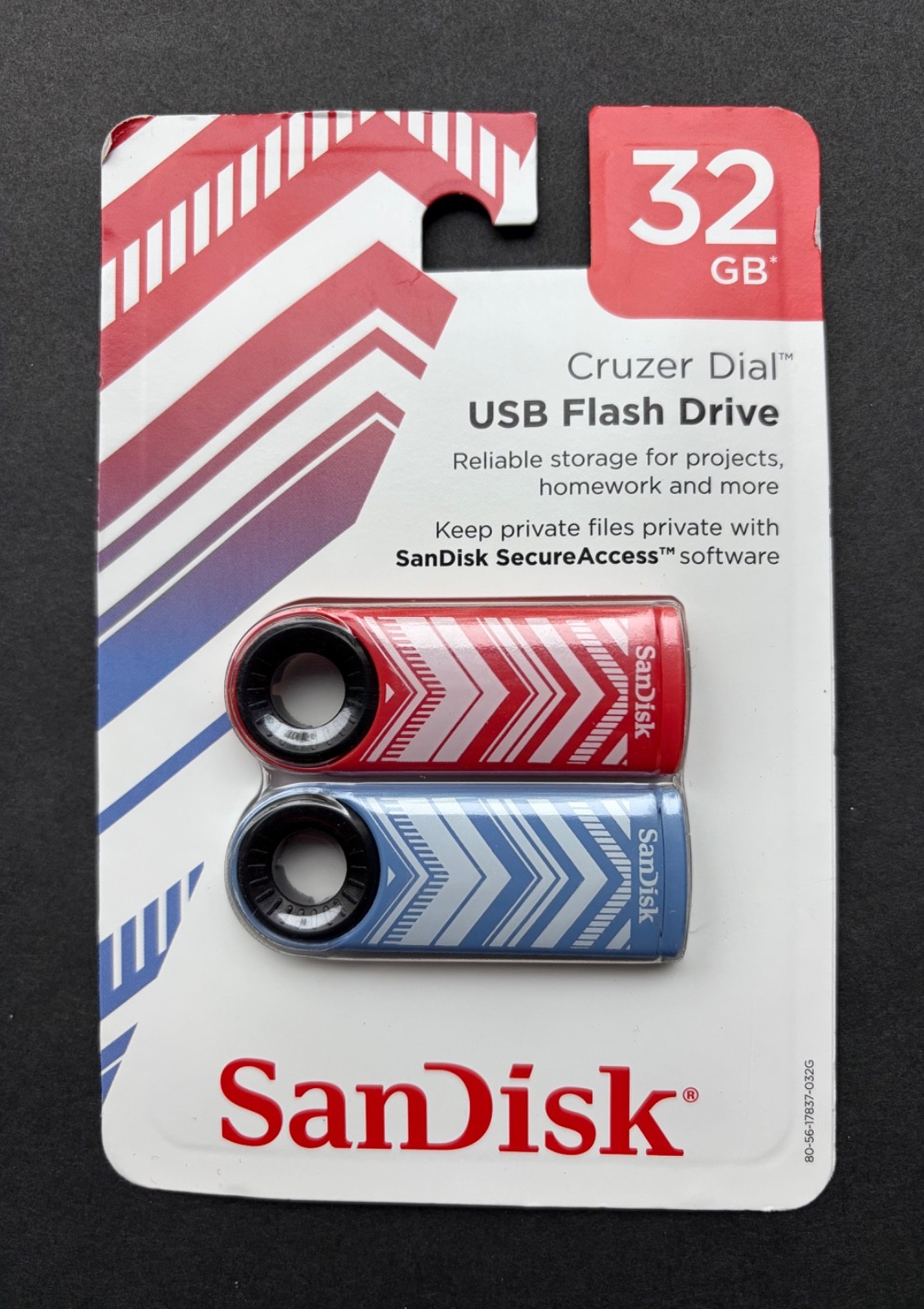*NEW* Sandisk Cruzer Dial 32GB USB Flash Drive 2 pack: Red + Blue Stripes
