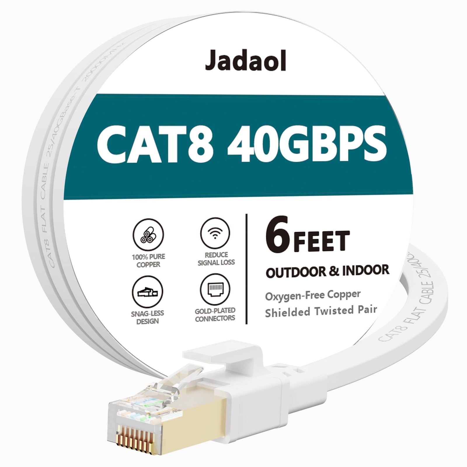 Jadaol Cat8 Ethernet Cable 6ft 40Gbps 2000MHz Flat S/FTP LAN Cable White