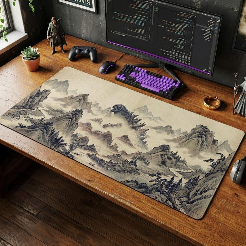 Godzilla Ink Wash Desk Mat, Japanese Kaiju Gaming Desk Mat Mouse Pad