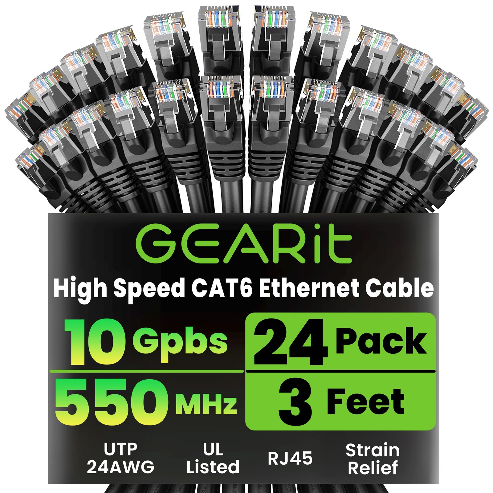 GEARit Cat6 Patch Cables Cat 6 Ethernet Cable 3 ft 24-Pack Black