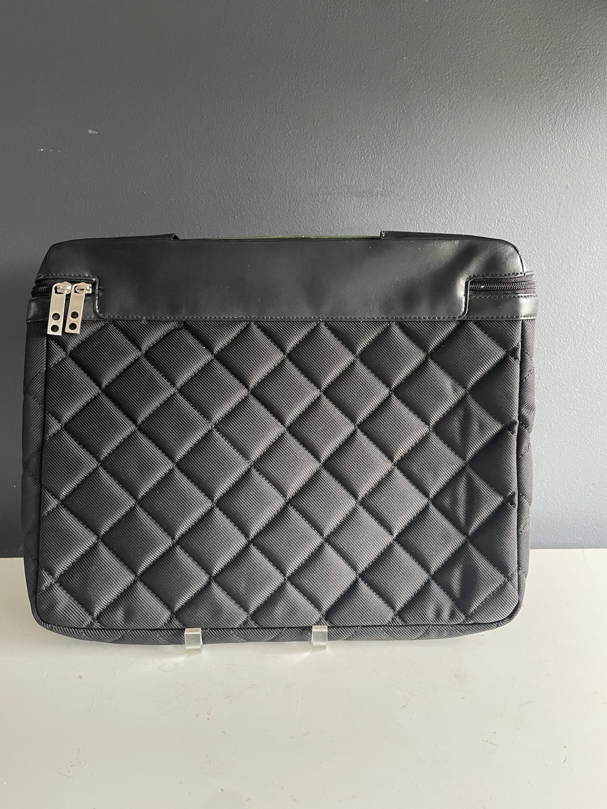 KNOMO London Black Quilted Laptop Sleeve Case Green Lining 16x12