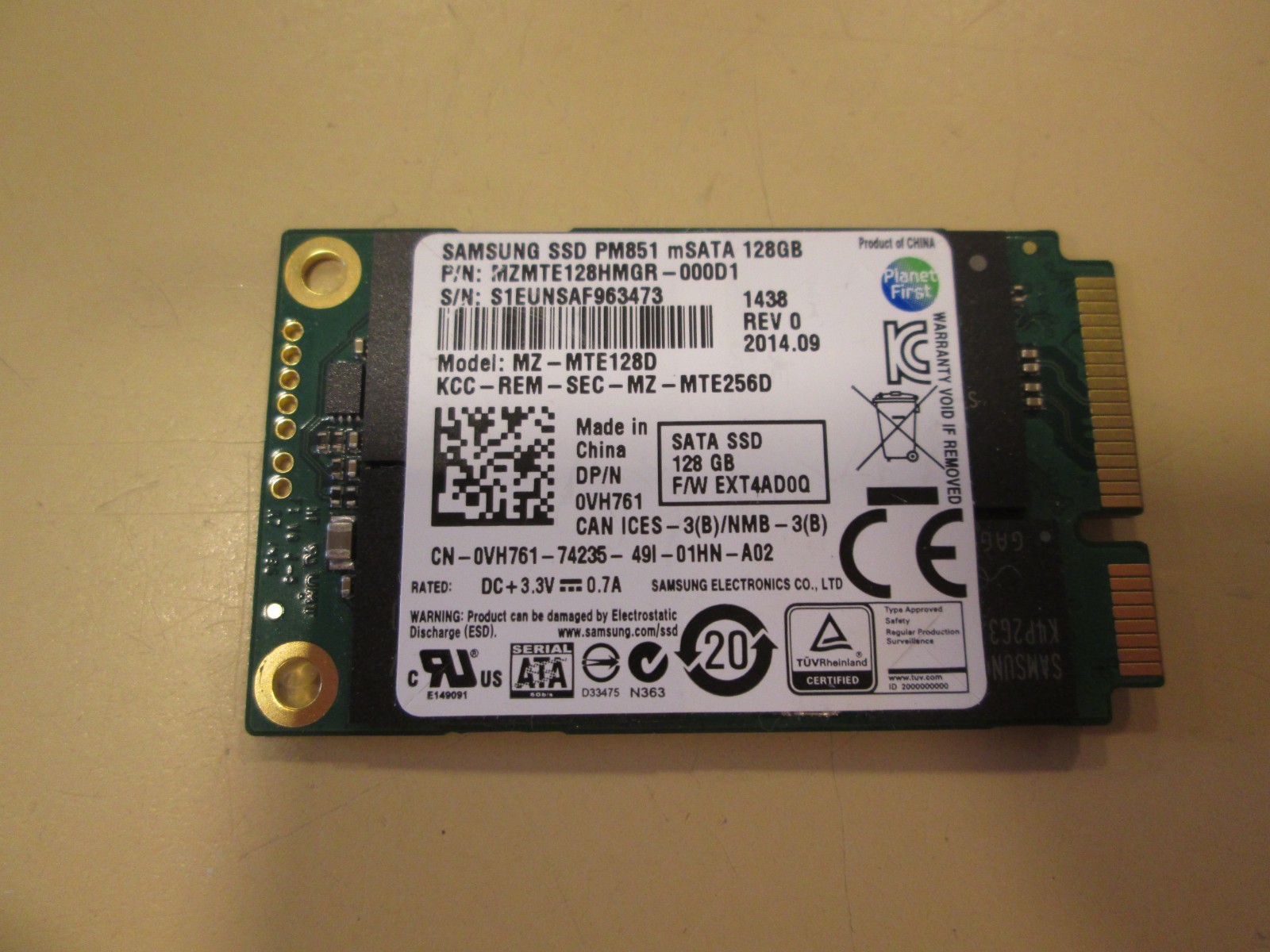 Samsung Model MZ-MTE128D PM851 mSATA 128GB SSD DP/N 0VH761