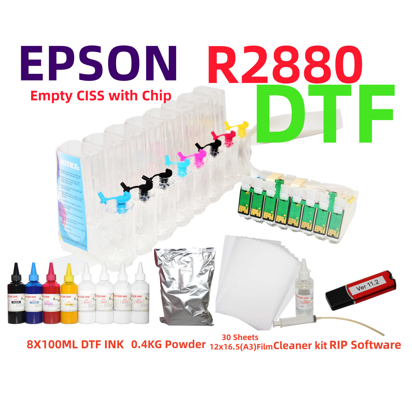 DTF Printing Kit for Stylus R2880: CISS, Ink, Film, Powder, RIP
