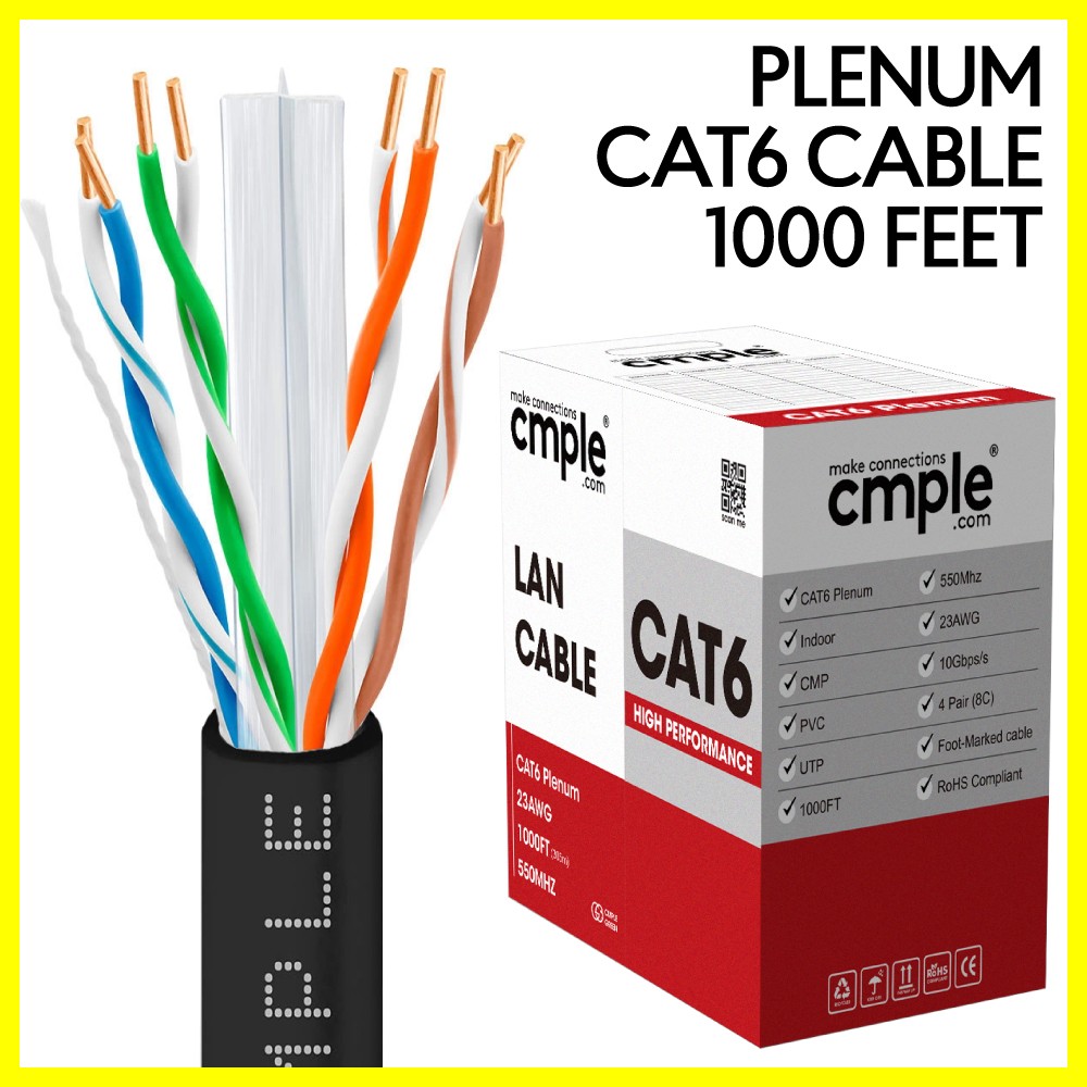 Cat6 Plenum Bulk Ethernet Network Cable 1000ft CMP Solid 23AWG UTP Black
