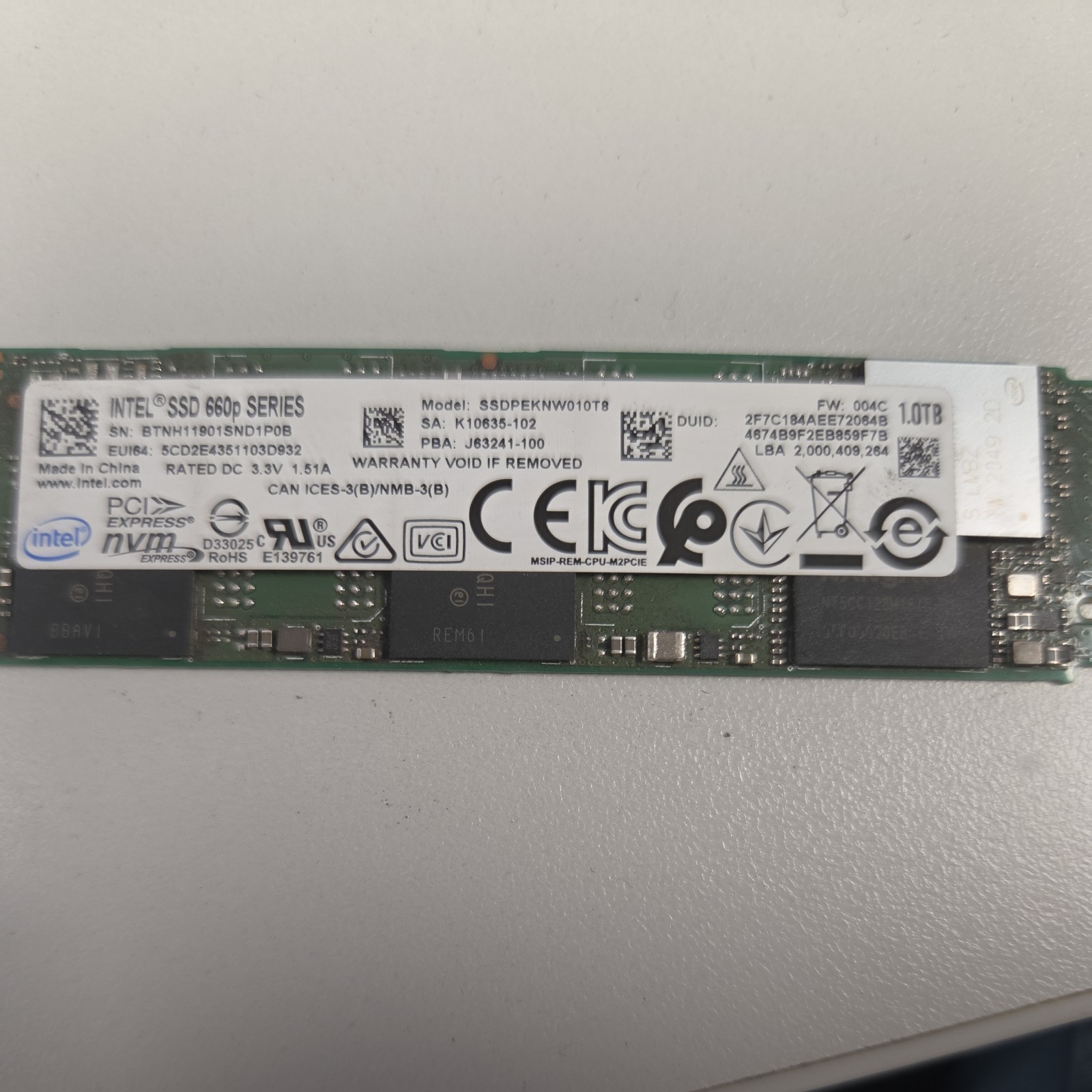 Intel SSD 660p Series 1TB Internal M.2 2280 NVMe PCIe 3.0 x4 SSDPEKNW010T8