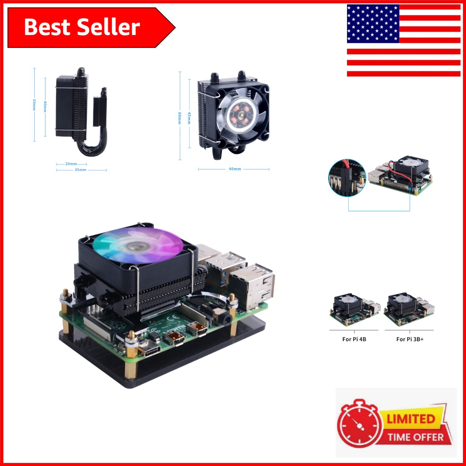 Ultra-Quiet RGB CPU Cooler with Air Cooling & Accessories for Raspberry Pi 4B/3B