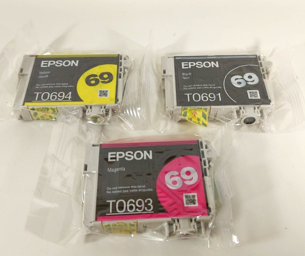 Genuine NEW Epson 69 Ink Cartridges Lot of 4: 2 Black, 1 magenta, 1 Yellow
