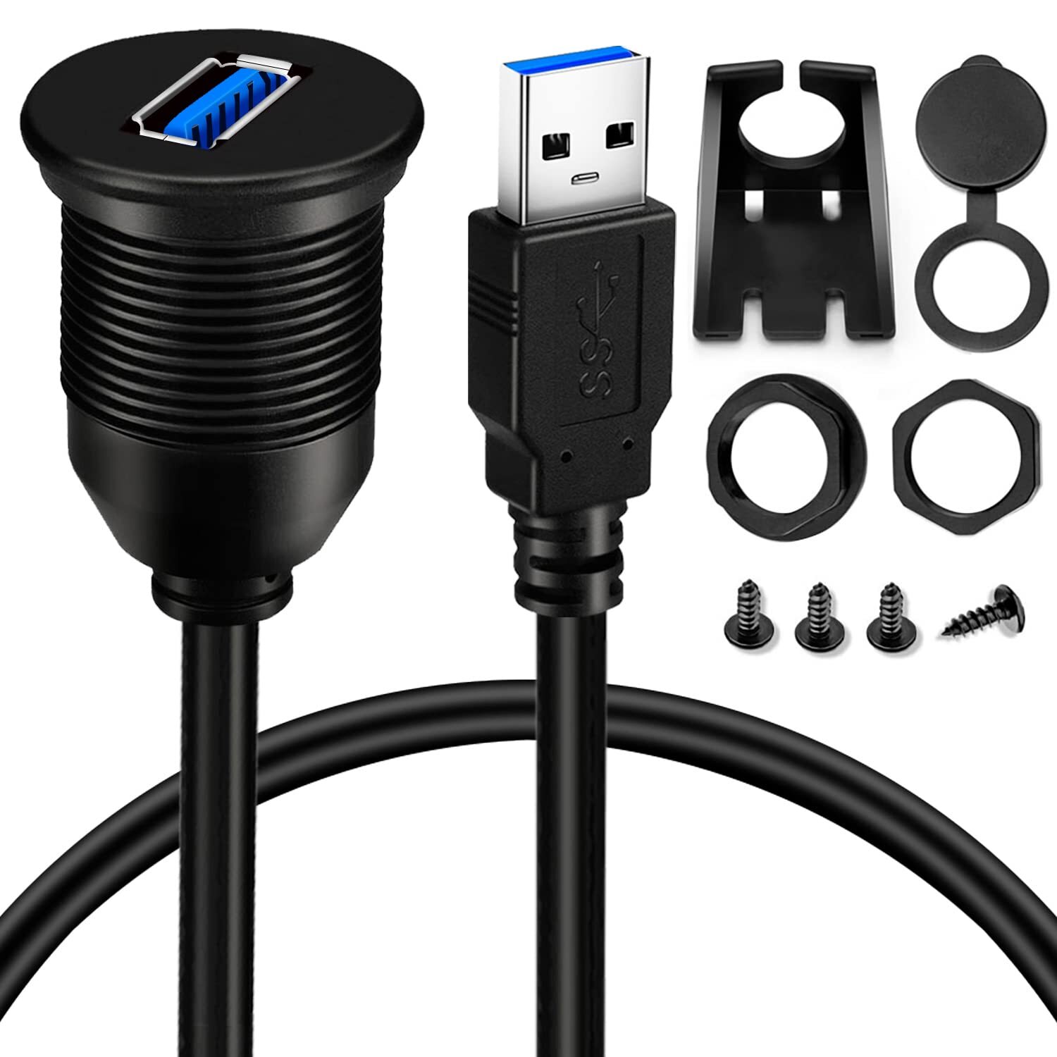 BATIGE Single Port USB 3.0 Male to Female AUX Car Mount Flush Cable 3ft