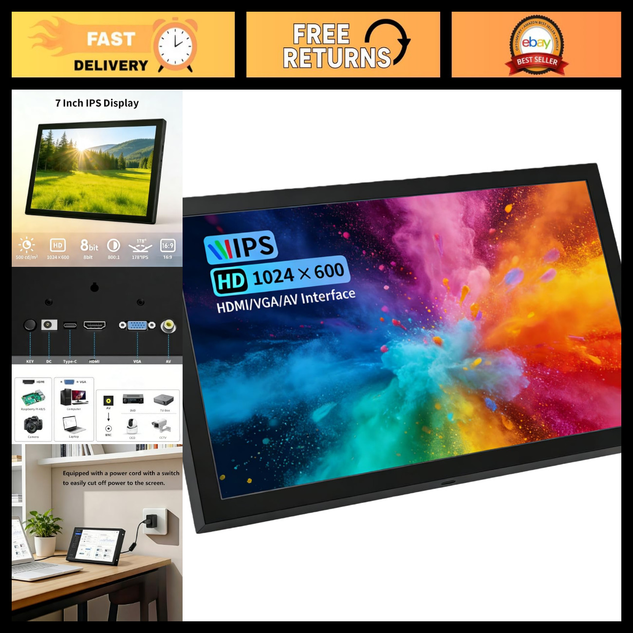 7" Portable Mini Monitor 1024x600 IPS Display HDMI VGA AV BNC Inputs Built-in Sp