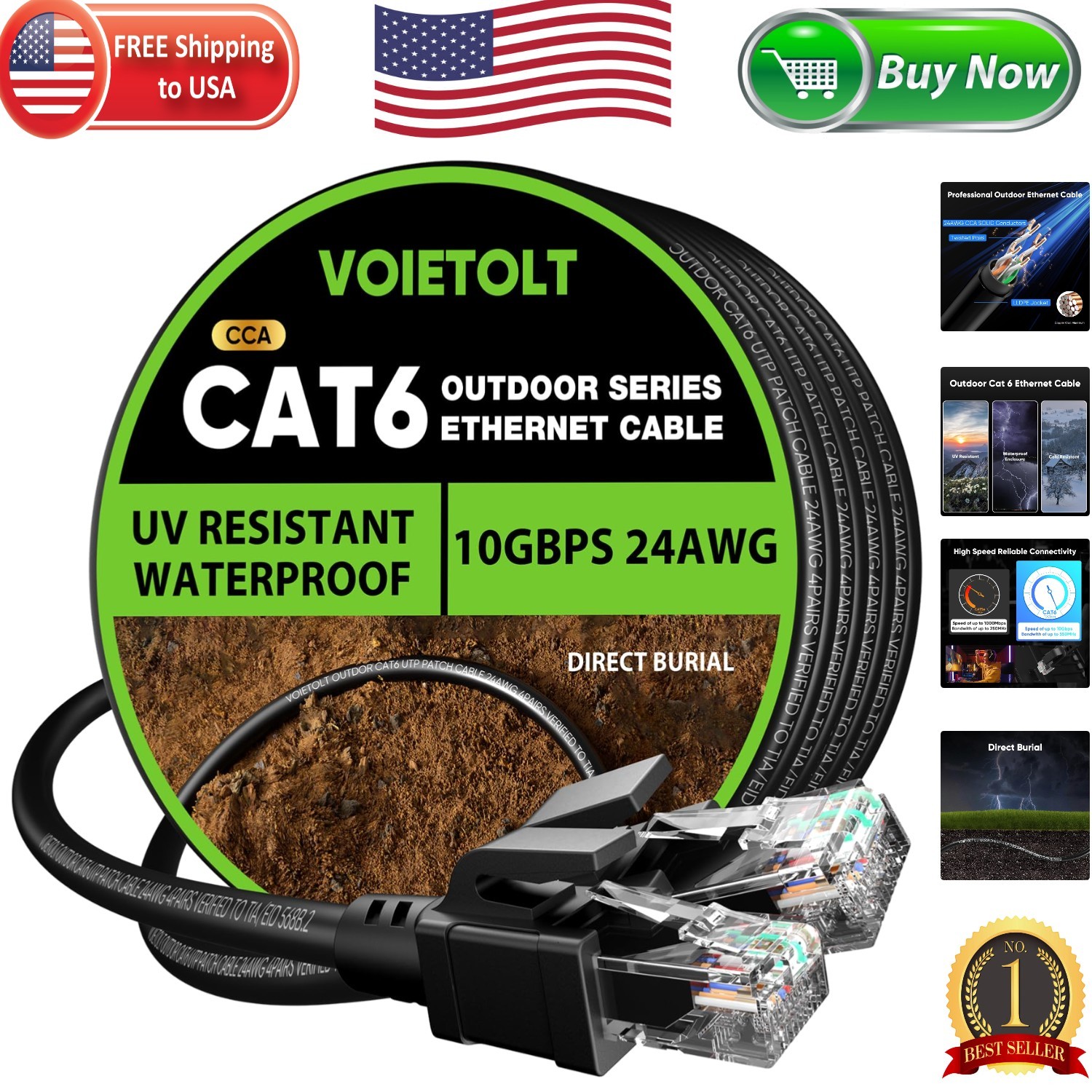 Cat 6 Outdoor Ethernet Cable 300ft - Durable Direct Burial with 60 Ties Included