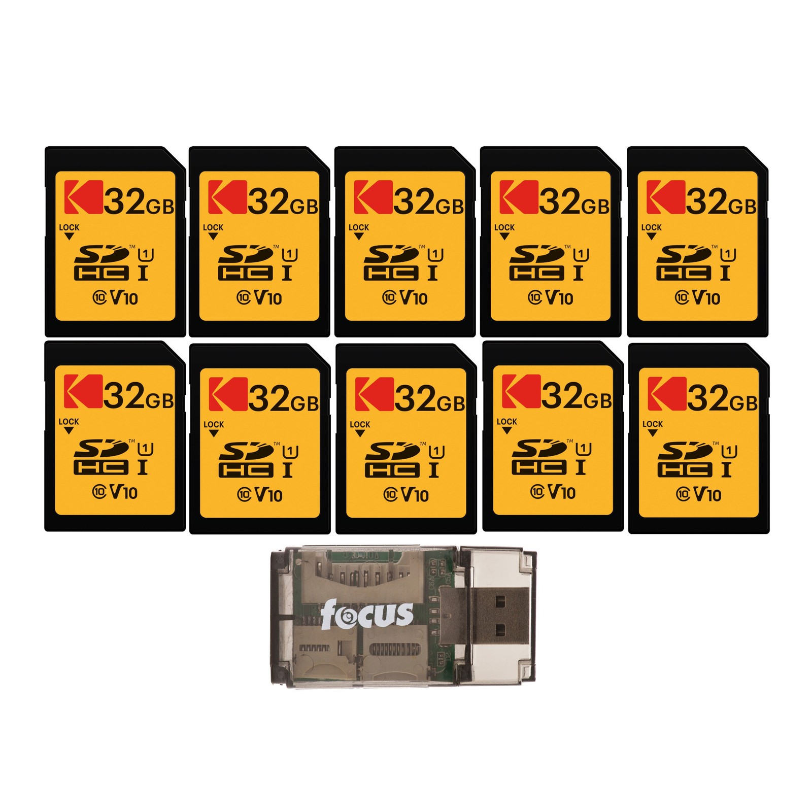 Kodak 32GB Class 10 UHS I U1 SDHC Memory Card 10 Pack USB 2.0 Card Reader FAST