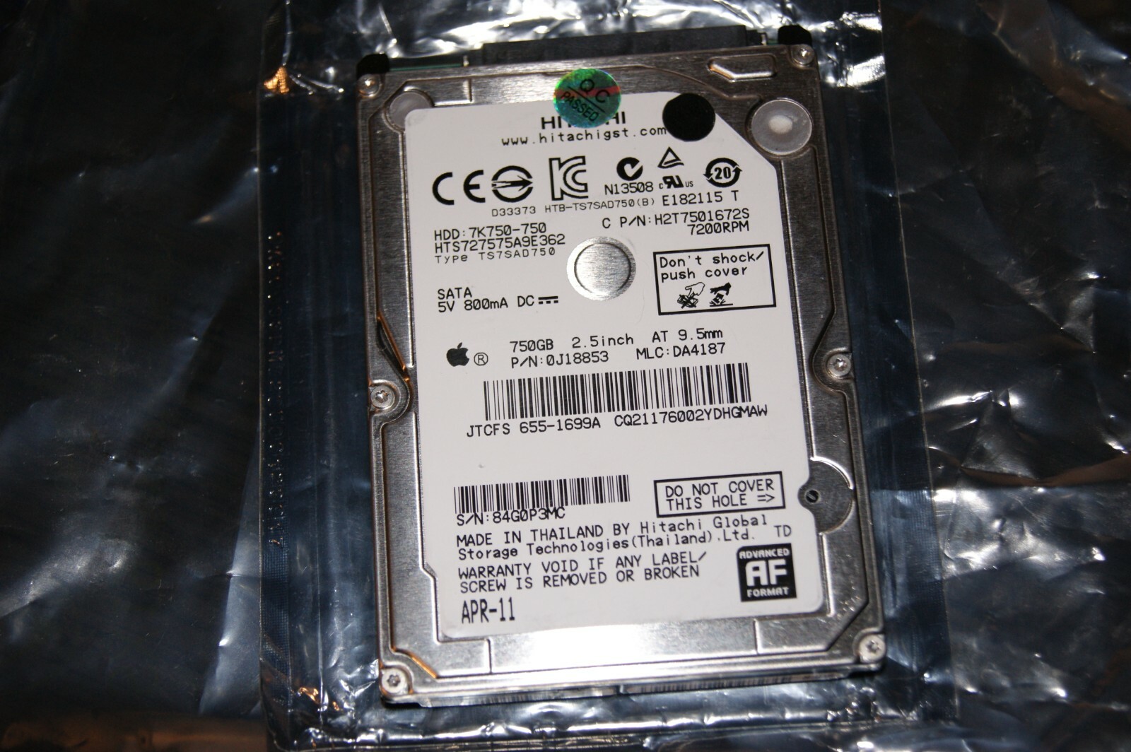 750GB Apple MacBook Pro 2.5" SATA HDD HITACHI 0J18853 7K750-750 H2T7501672S