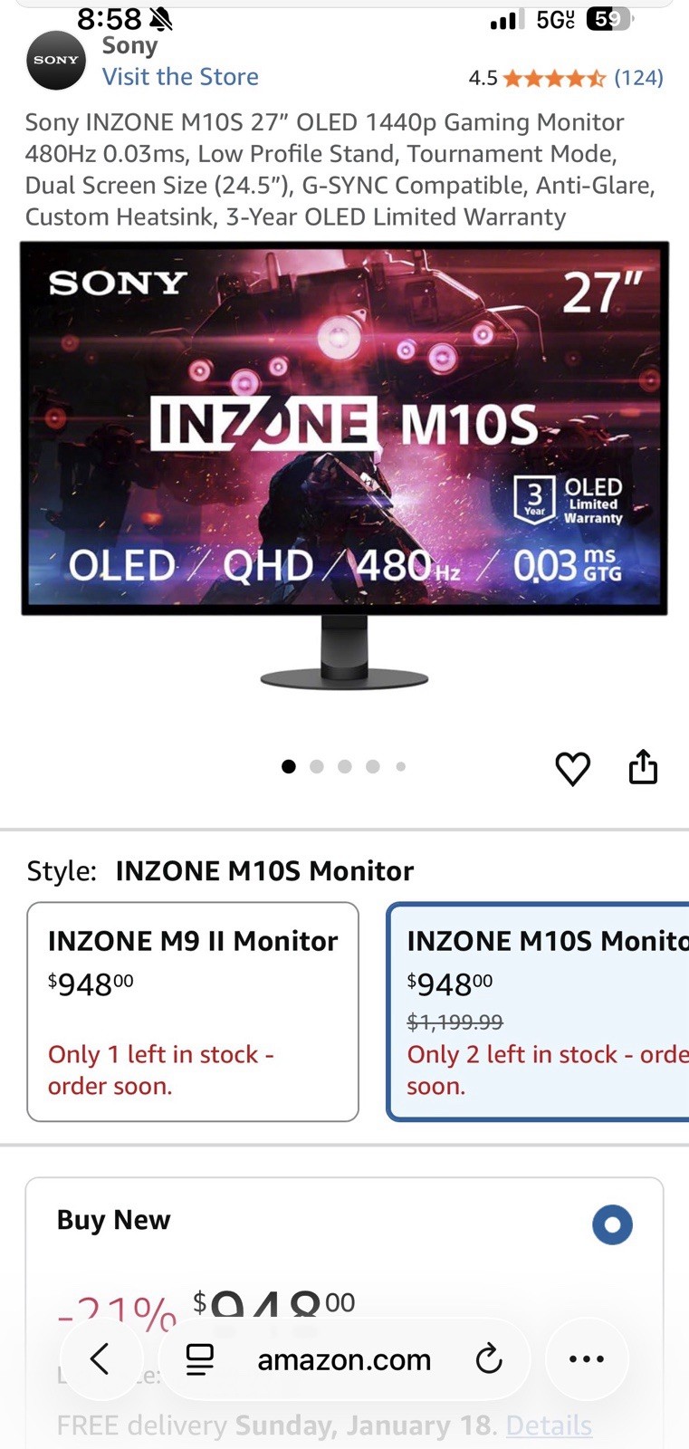 Sony INZONE M10S 27" OLED QHD 1440p 480Hz Gaming Monitor G-SYNC Anti-Glare