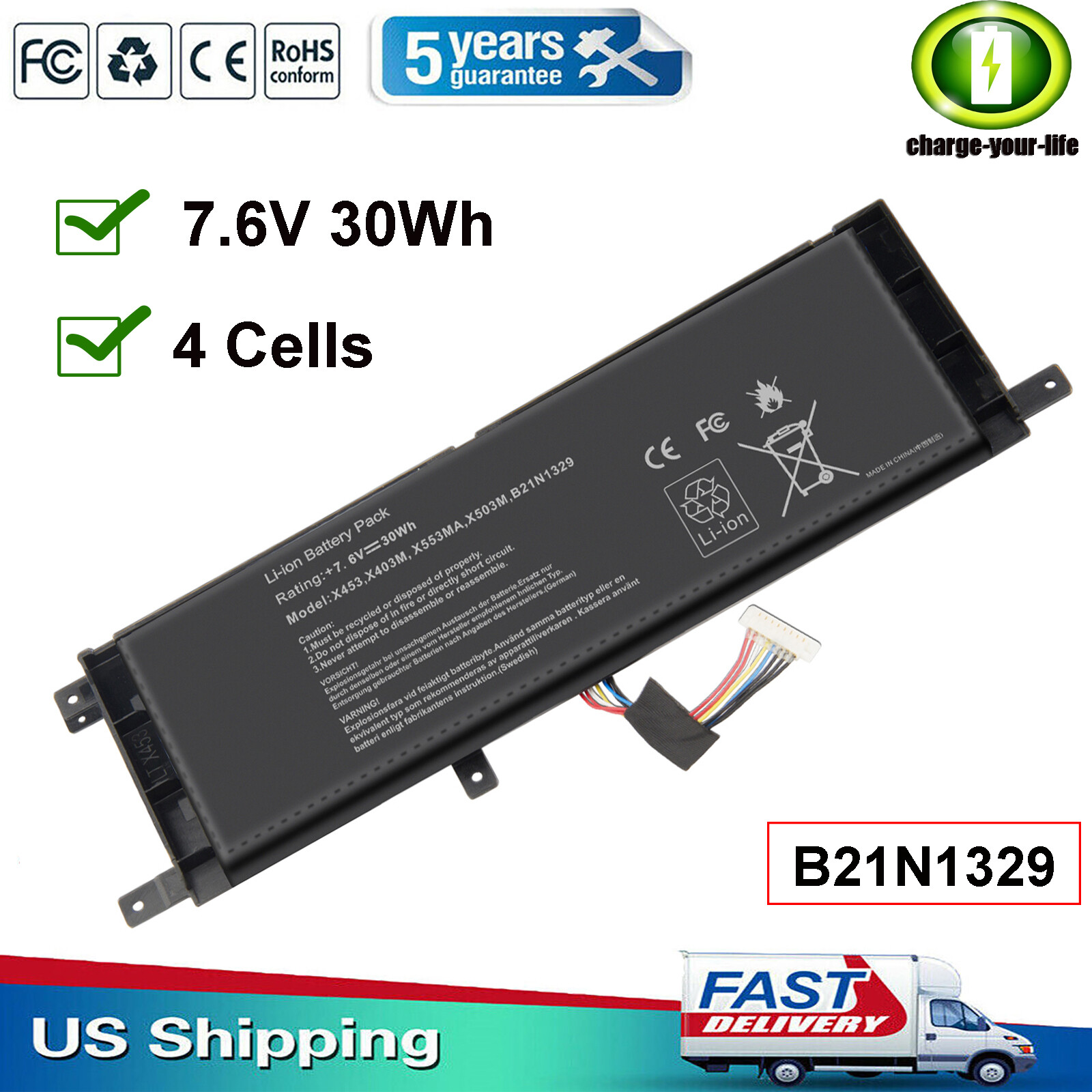 For Asus Battery B21N1329 BAT-ASX453 7.6V 30Wh Laptop X553M X553MA X453 X453MA