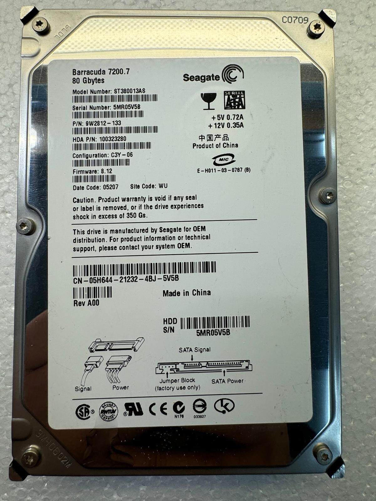 SEAGATE ST380013AS 9W2812-133 80GB Firmware 8.12 Date Code 05207 3Gbps SATA 3.5"