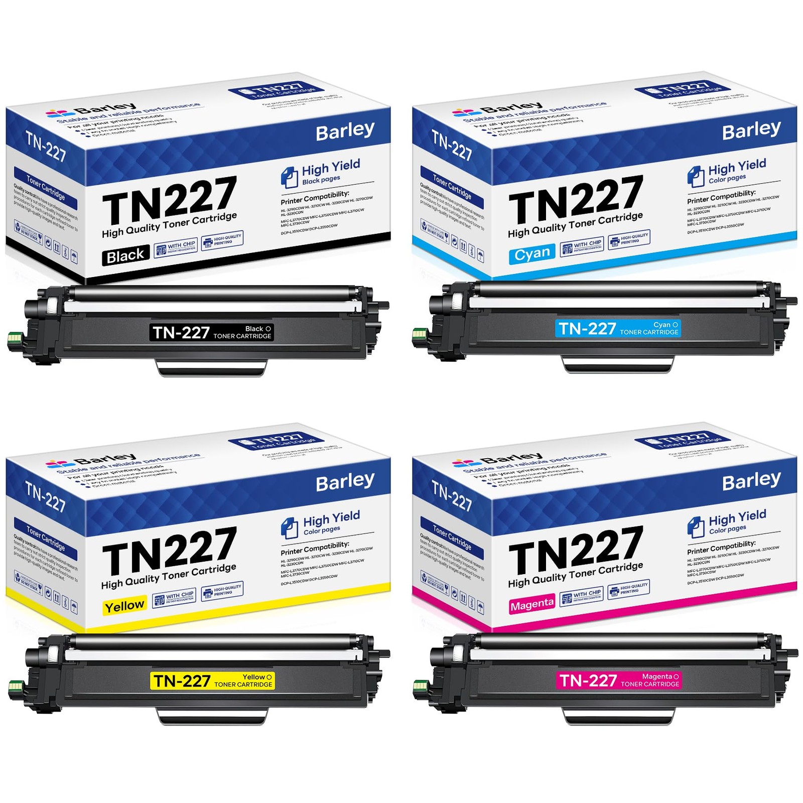 TN227 TN-227BK/C/M/Y High Yield Toner Cartridge 4 Pack Compatible TN227BK TN227C