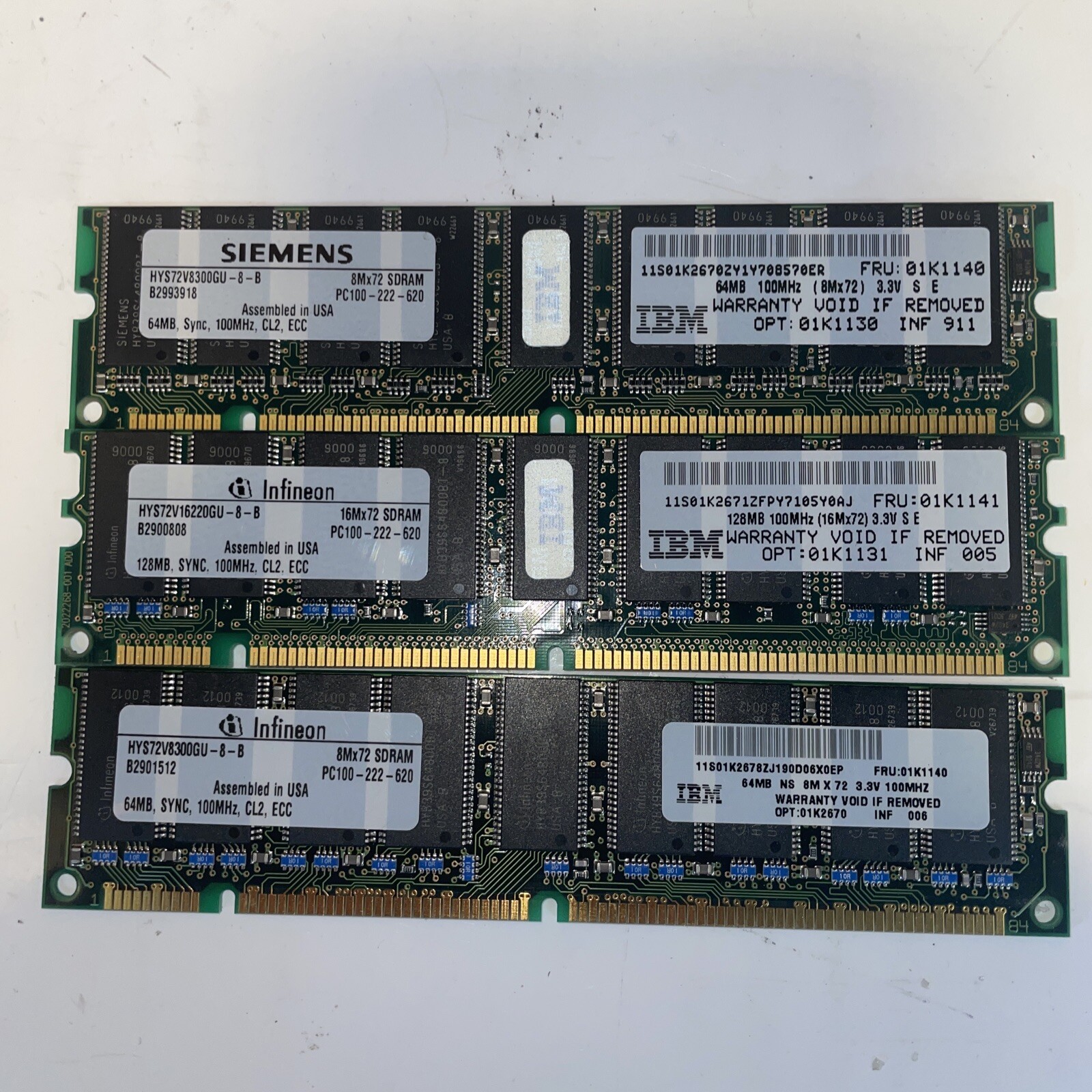 Lot of 3 IBM Memory 64MB -128MB FRU:01K1141 01K1140