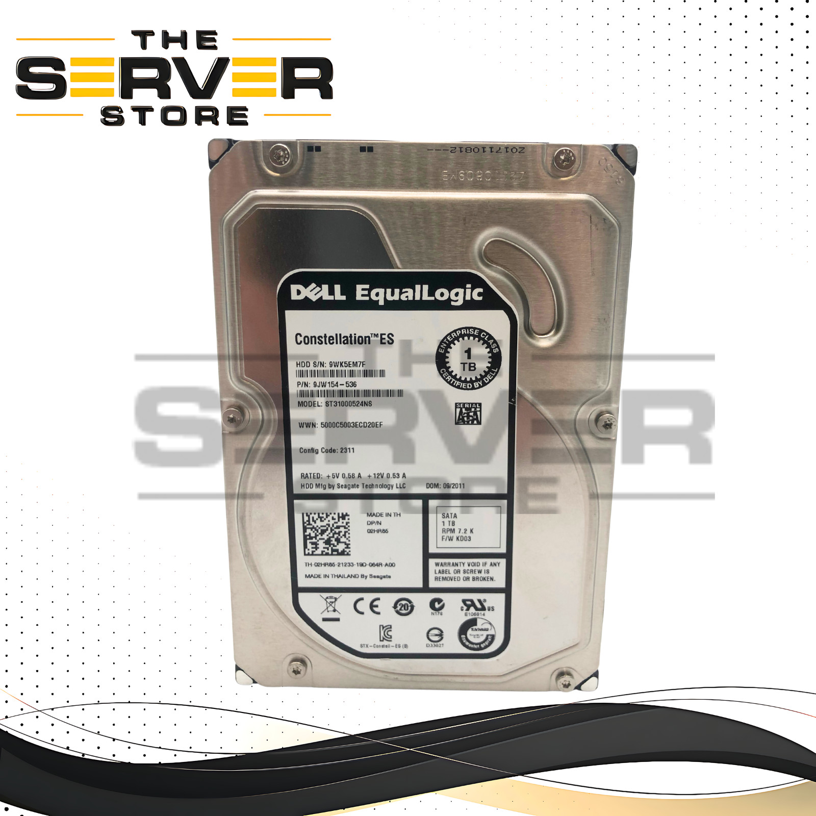 Dell Equallogic 1TB 7.2K 3Gb/s SATA 3.5" Enterprise HDD ST31000524NS 2HR85
