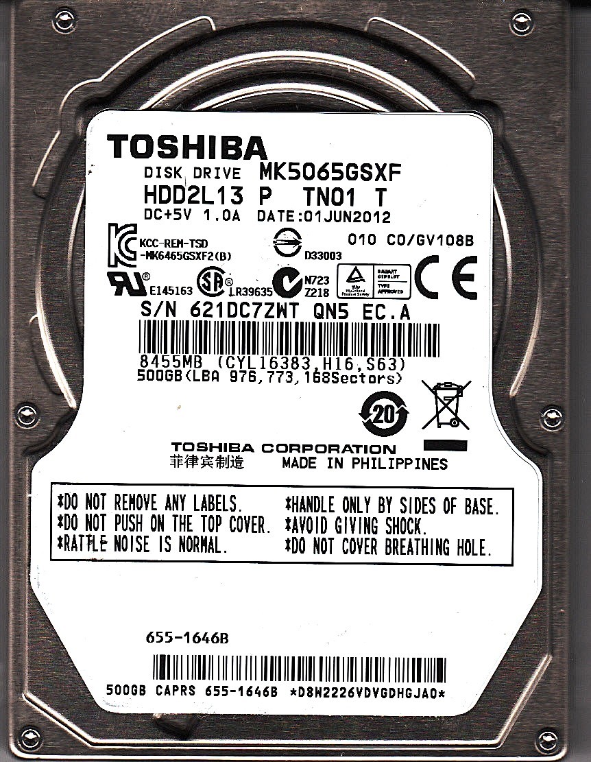 Toshiba MK5065GSXF HDD2L13 P TN01 T apple: 655-1646B 500GB SATA 2.5 HDD 6611