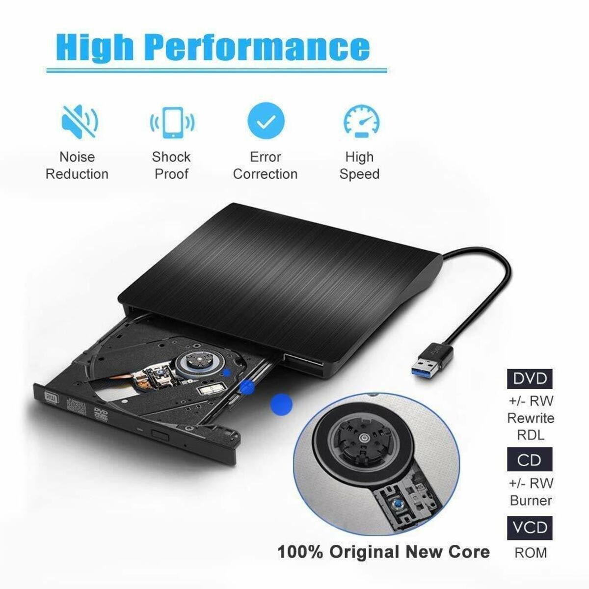 USB 3.0 Portable CD DVD, Portable for PC Laptop (Black)