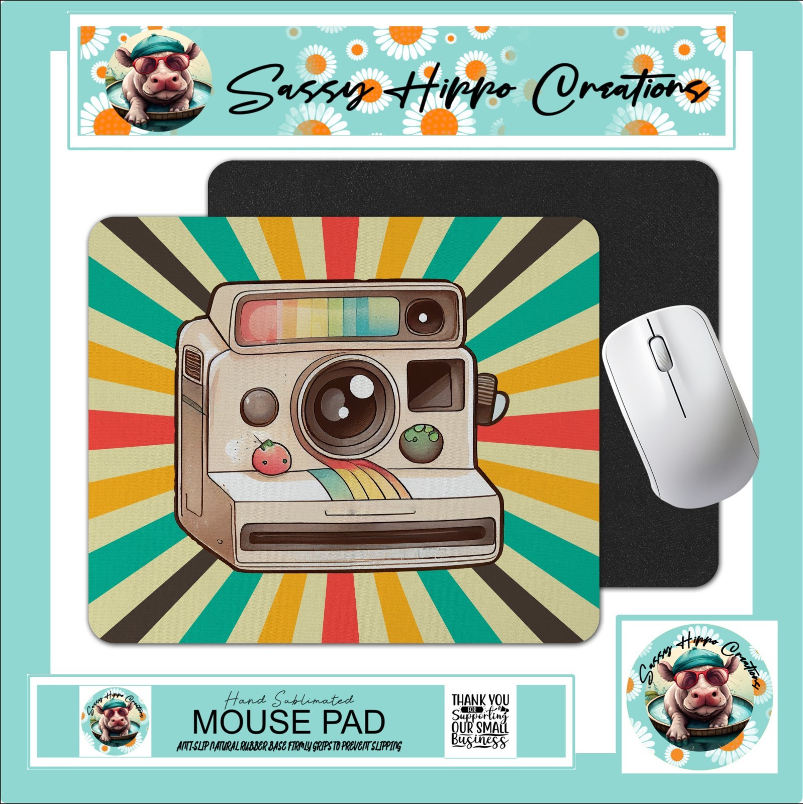 Mouse Pad Polaroid Camera Vintage Retro Sunburst Anti Slip Back Easy Clean