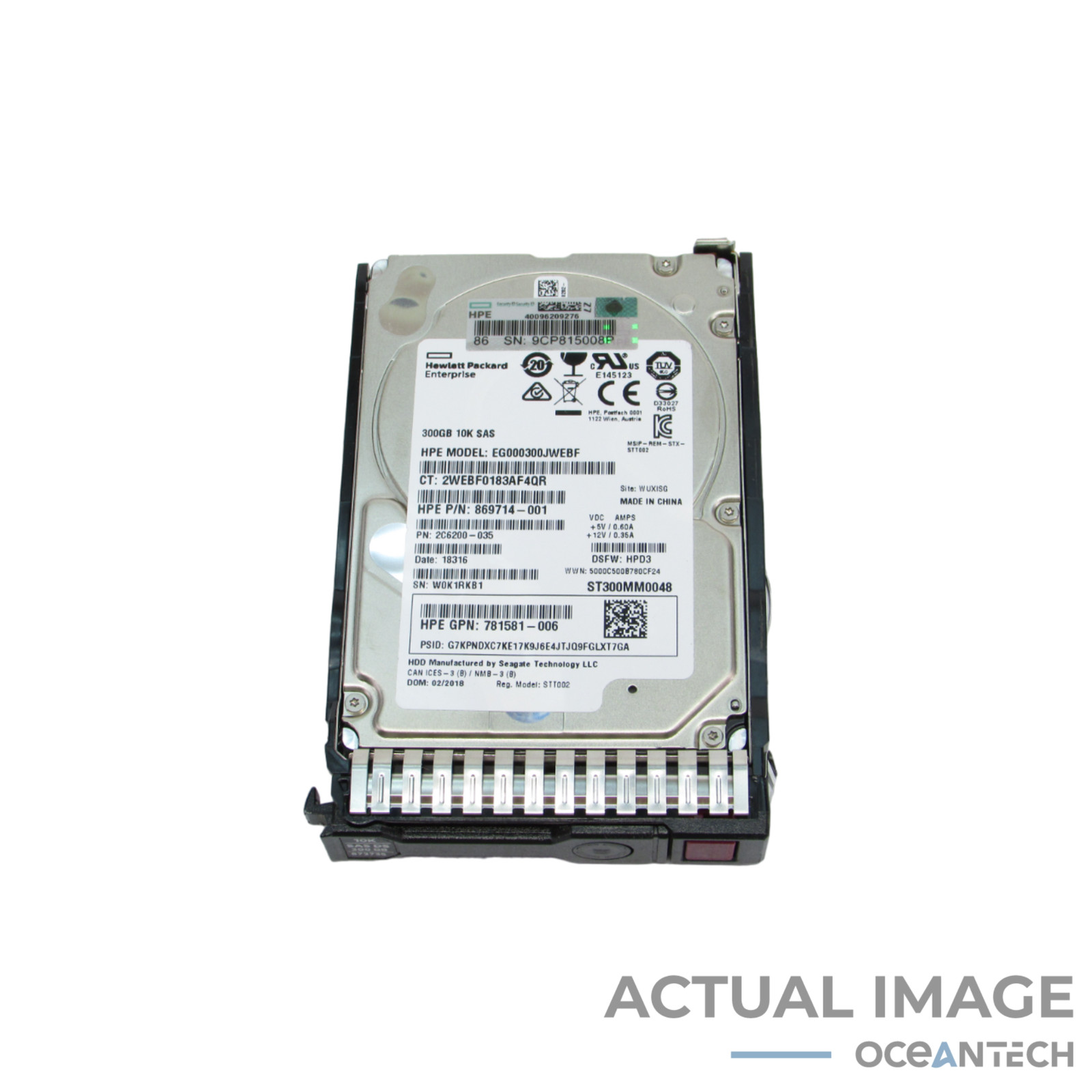 HPE 869714-001 300GB 10k RPM 2.5” SAS 12Gbps 128MB Hard Drive Grade A W/ Caddy