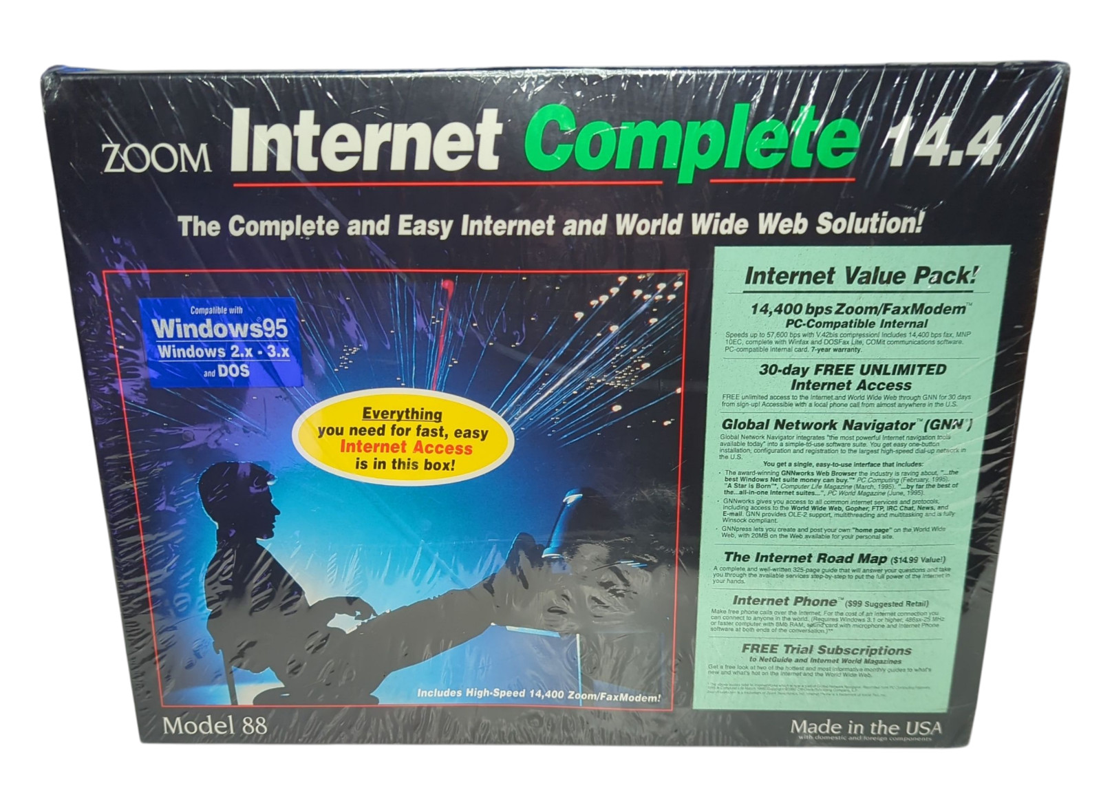 RARE Vintage Zoom Internet Complete 14.4 Model 88 Fax Modem IBM PC Win95 SEALED