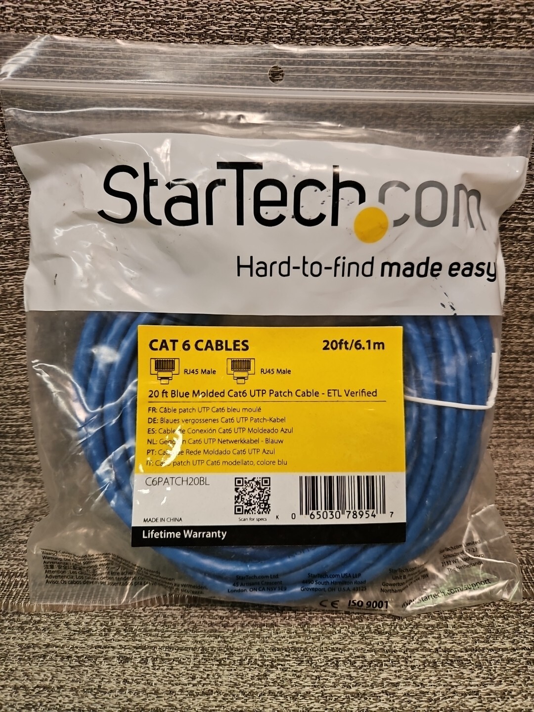 StarTech 20' Cat 6 Molded RJ-45 Male/Male Patch Cables Blue C6PATCH20BL