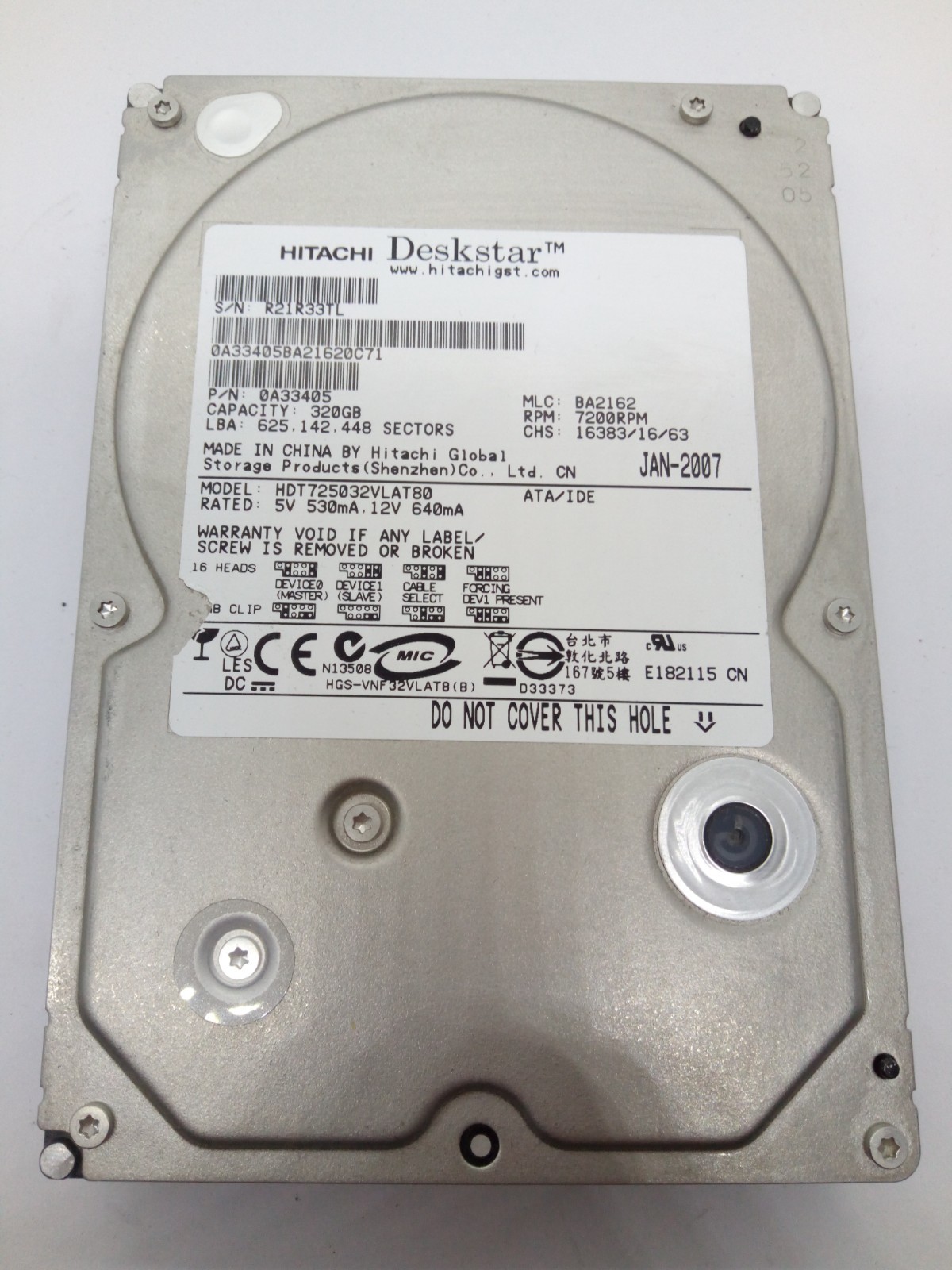 HITACHI DESKSTAR **320GB HDT725032VLAT80** HARD DRIVE IDE 3.5" #FP4898