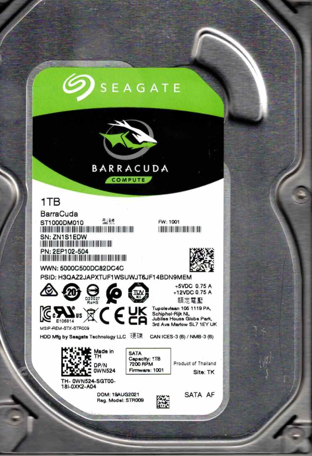 ST1000DM010,  2EP102-504,  1001, TK,  ZN1S,  SEAGATE 1TB  AUG 2021