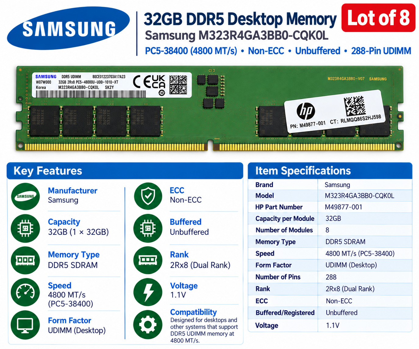 Lot of 8: HP / Samsung 32GB 2Rx8 PC5-4800B DDR5 UDIMM - M323R4GA3BB0-CQK0L