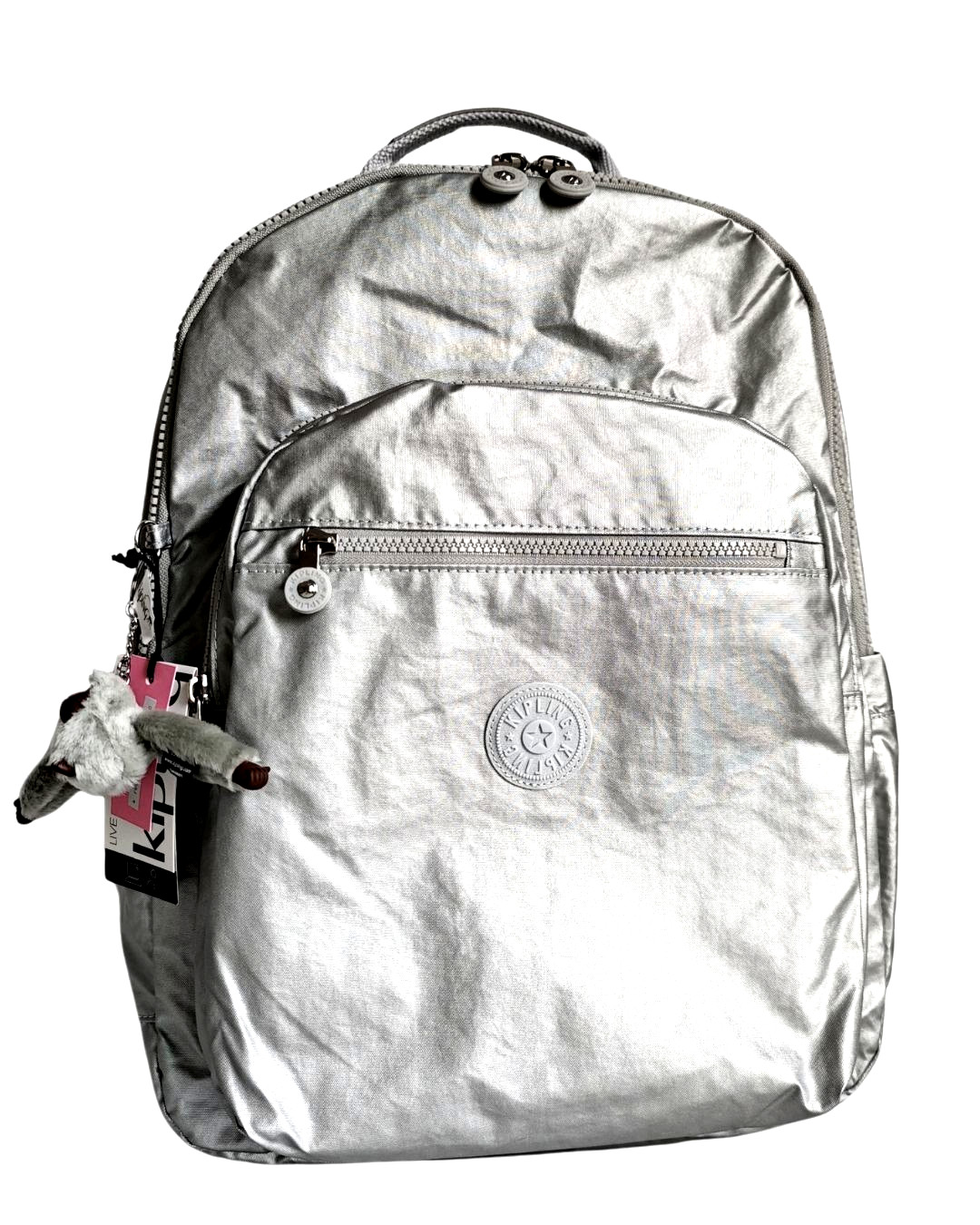 US new reduced XL 47cm 17" Laptop Kipling Seoul Backpack gift metallic silver