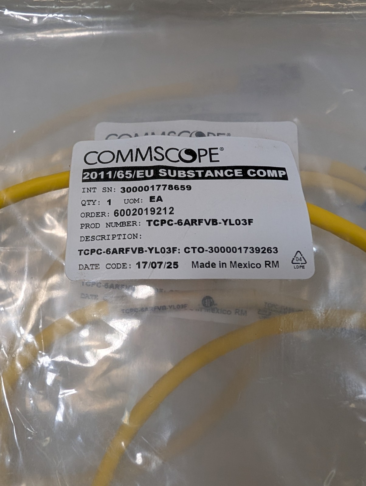 Lot of 5 CommScope Cat 6A Shielded Patch Cords 3ft Yellow TCPC-6ARFVB-YL03F NEW