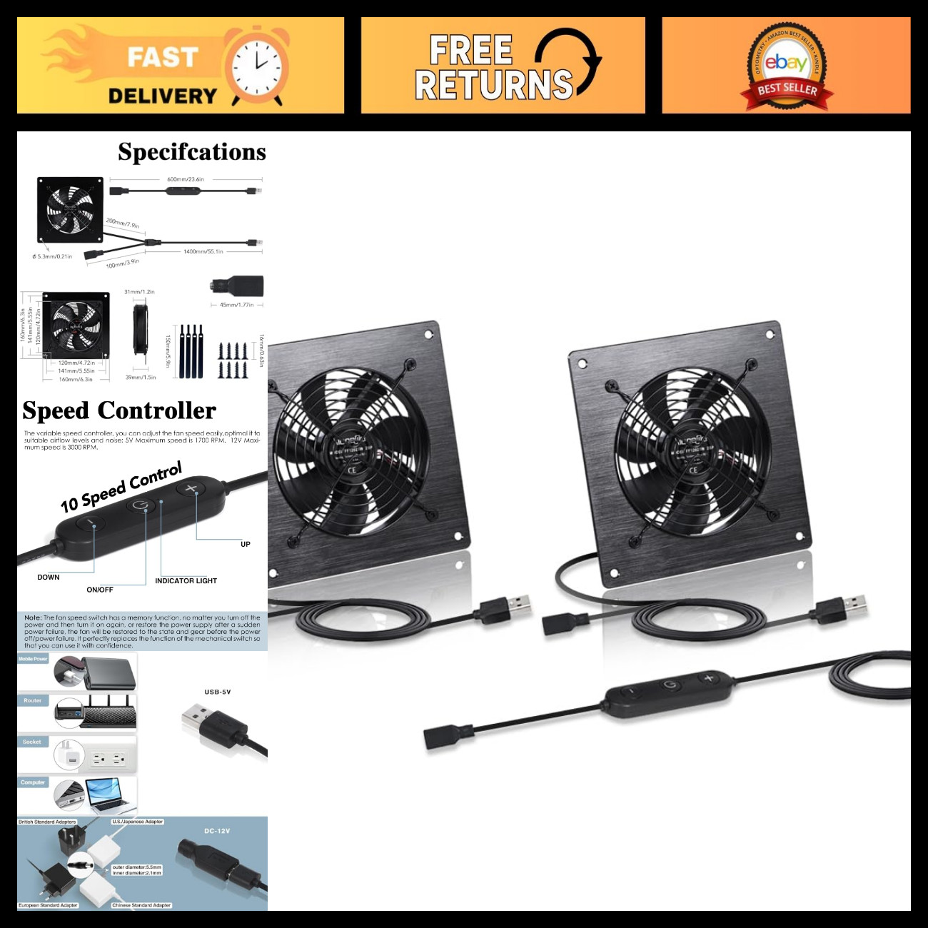 120MM USB Quiet Cooling Fan - 10 Speed Control, Waterproof for Cabinets & Greenh